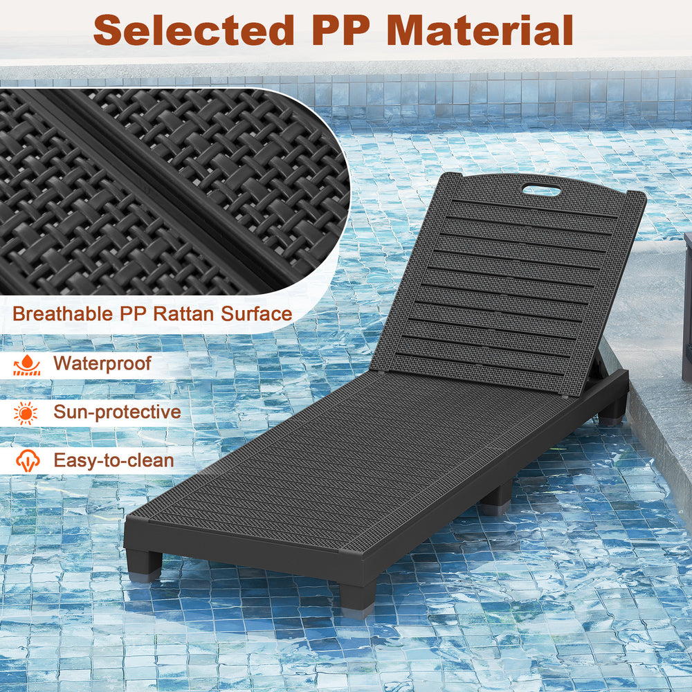 Black outdoor PP chaise lounge chair with adjustable backrest, ideal for sunbathing and easy to clean by the pool.