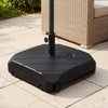 Fillable patio umbrella base with wheels, telescopic pull rod, and wood-grain finish for easy mobility and stability.