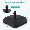 Patio umbrella base with wheels, measuring 23.5" x 23.5", designed for 1.5"-1.9" poles, featuring a wood-grain finish.