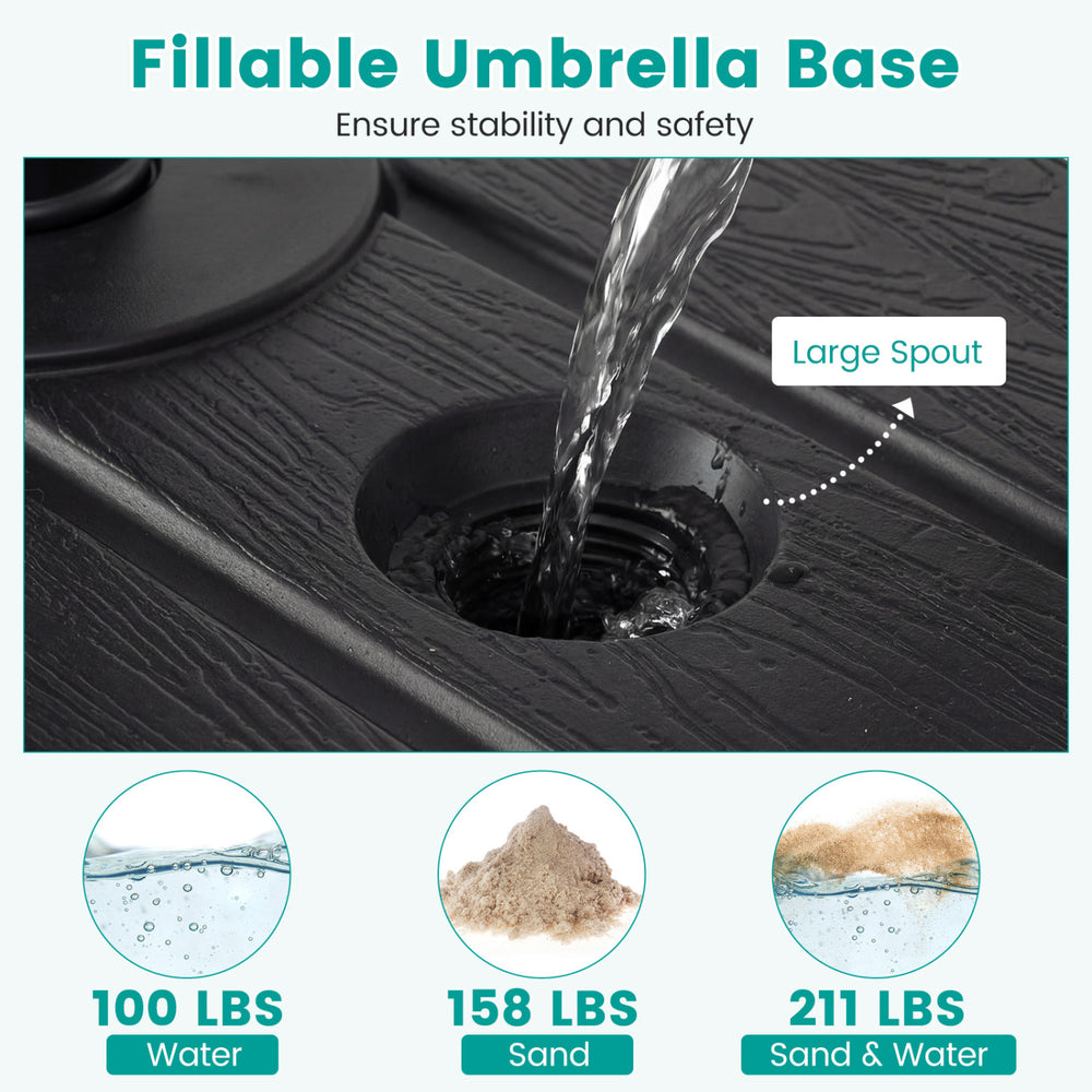 Fillable patio umbrella base with large spout, designed for 211 lbs stability, featuring wheels for easy mobility.