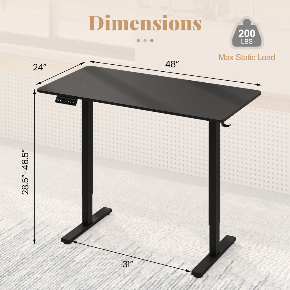 Dimensions of the 48 Inch x 24 Inch ergonomic electric standing desk with adjustable height and memory settings.