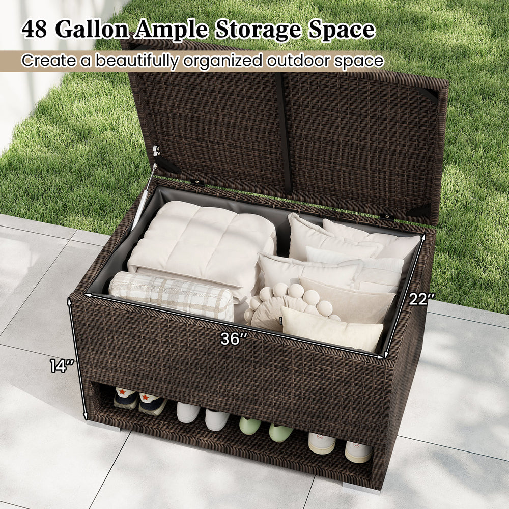 PE rattan storage bin with waterproof liner, featuring ample 48-gallon space for cushions and shoes, ideal for patio.
