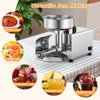 Stainless steel 450W electric tomato strainer with large feed chute for making various jams on a kitchen counter.