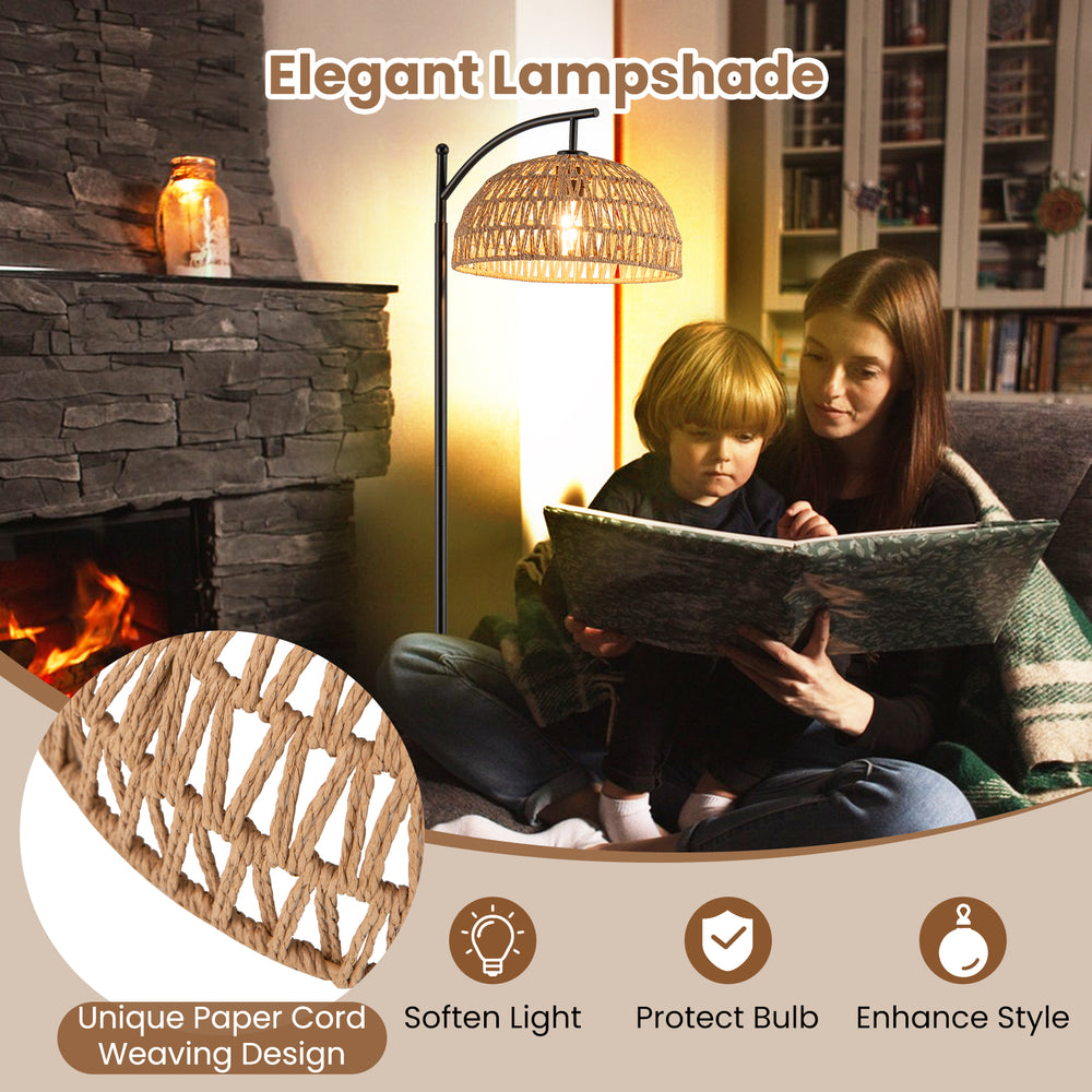Arc floor lamp with a unique paper cord lampshade, 63 inches tall, perfect for living room or bedroom lighting.