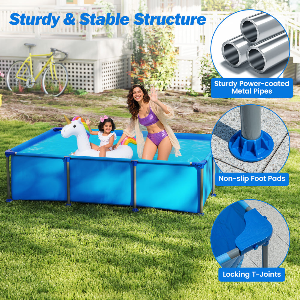 Family swimming pool with sturdy metal frame, triple-layer PVC fabric, and non-slip foot pads for backyard fun.