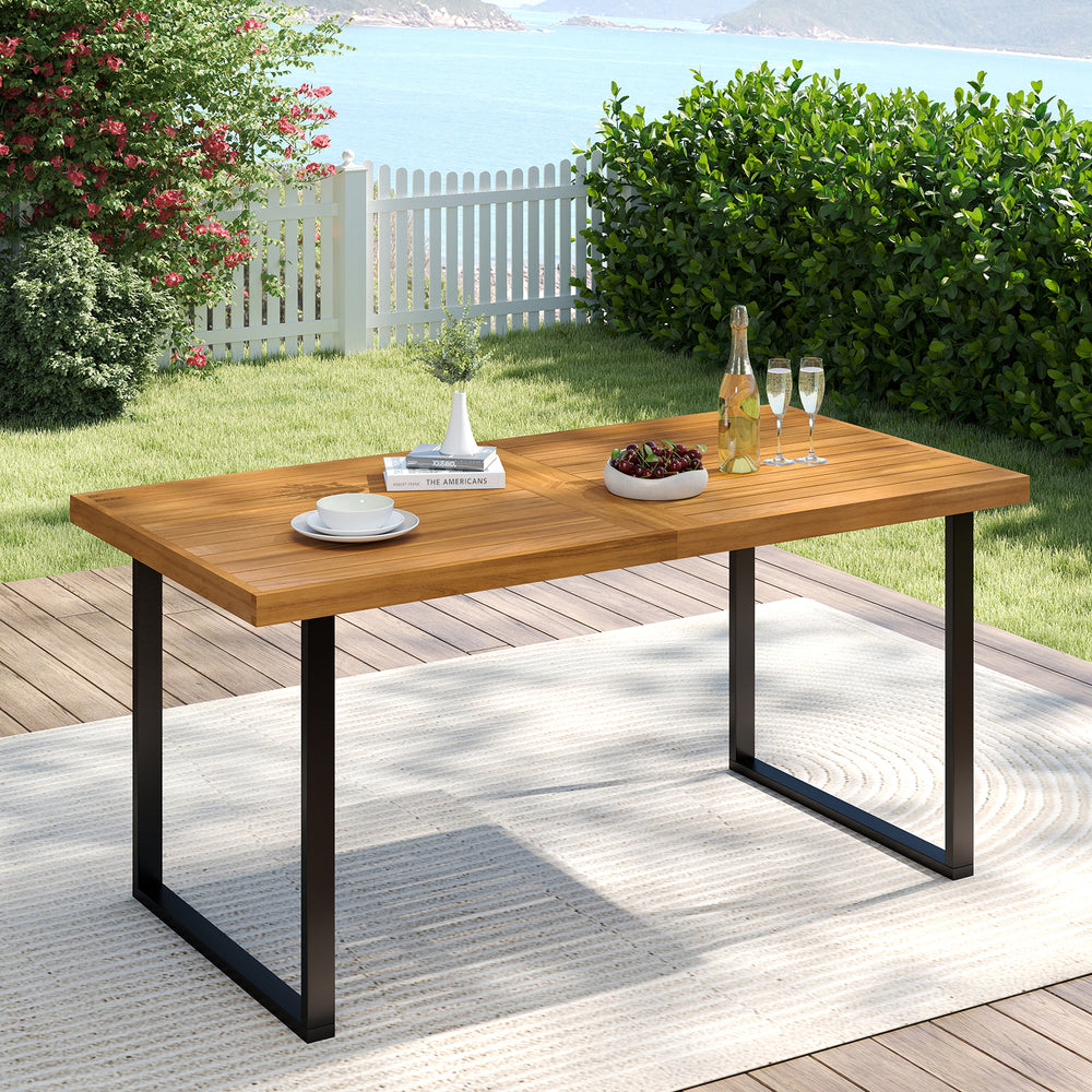 Acacia wood dining table for 6 with a sturdy metal frame, perfect for outdoor dining on patios or terraces.