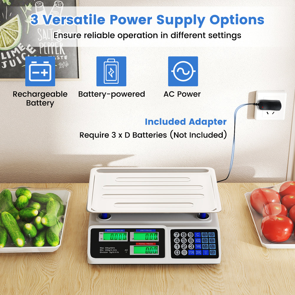 66lb price computing scale with dual LCD displays, rechargeable battery, and stainless steel platform for commercial.