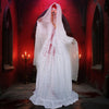 Standing 7.2 FT Halloween animatronic bride with moving head, glowing red eyes, and spooky details for haunted house.