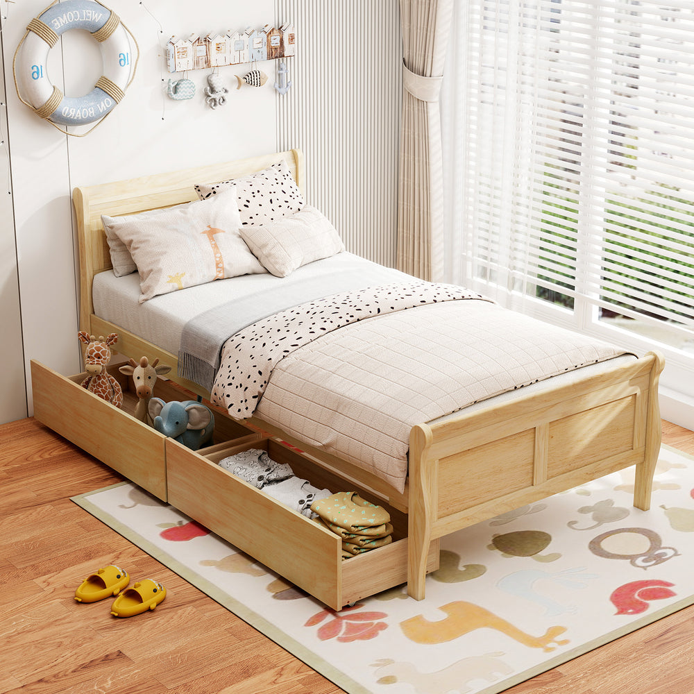 Twin Size Sleigh Bed with 2 Storage Drawers Wood Platform Bed Frame-Natural - Gallery View 1 of 10