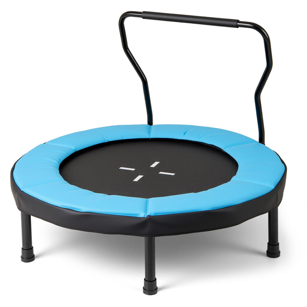 40-inch blue trampoline with padded edge and foam handle, ideal for kids' indoor and outdoor fitness fun.
