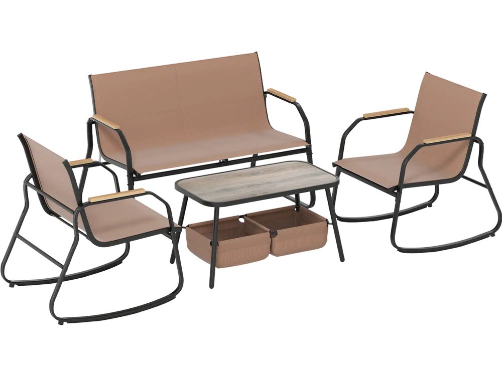 4-piece patio furniture set featuring breathable mesh fabric, rocking chairs, and a rustic wood-like coffee table for.