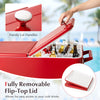 Portable red patio cooler with removable flip-top lid, 80-quart capacity, and bottle opener for easy drink access.
