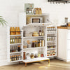 Freestanding white kitchen pantry cabinet with LED light, multiple shelves, and clear acrylic door for organized food.