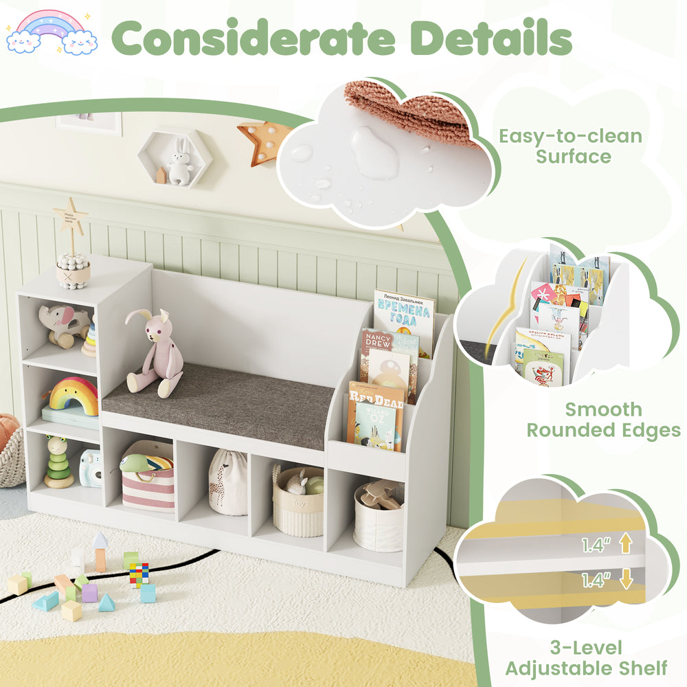Kids bookcase with reading nook featuring adjustable shelves, storage cubbies, and a removable cushion for comfort.