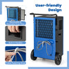 Commercial dehumidifier with a blue design, featuring a removable filter, built-in handles, and wheels for easy.