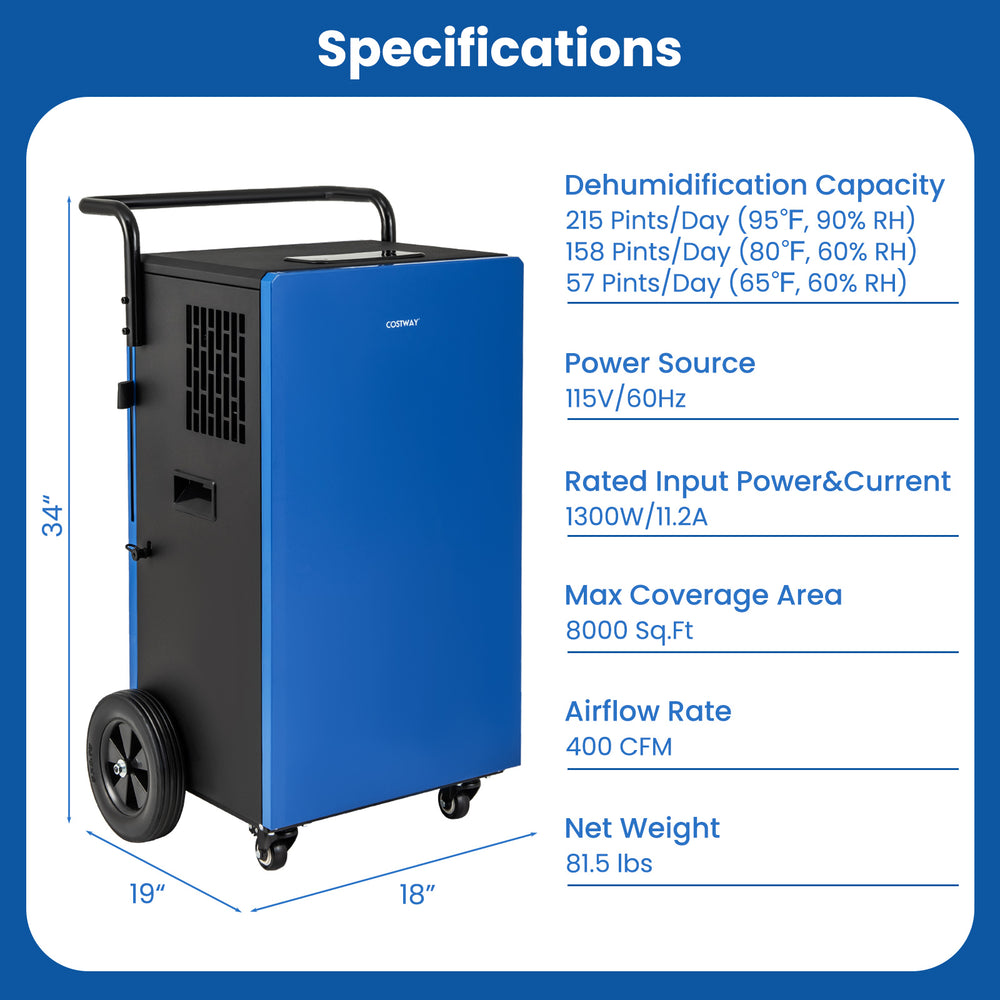Commercial dehumidifier in blue, 215 pints capacity, 8000 sq.ft coverage, with wheels and digital display for easy use.
