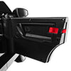 Close-up of the lockable door of a black 12V kids ride-on car, featuring realistic design and safety features.
