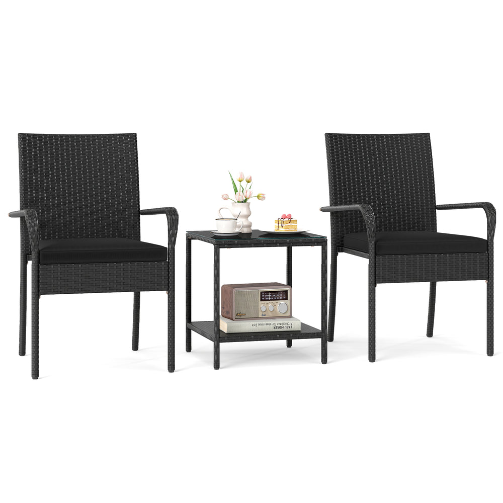Black 3-piece patio furniture set featuring two chairs with cushions and a tempered glass tabletop side table for.