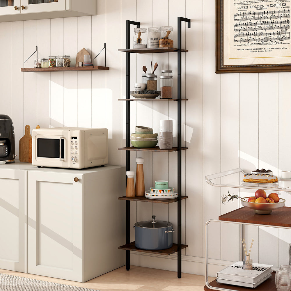 5-tier wall mount ladder shelf in rustic brown, showcasing a stylish design perfect for organizing kitchen essentials.