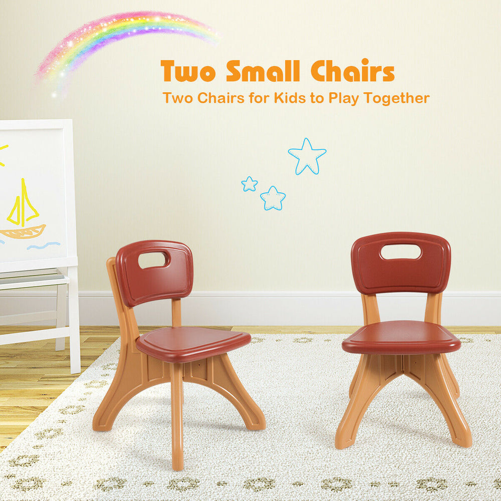 Two small plastic chairs in red and beige, perfect for kids' activities, playtime, and learning together.