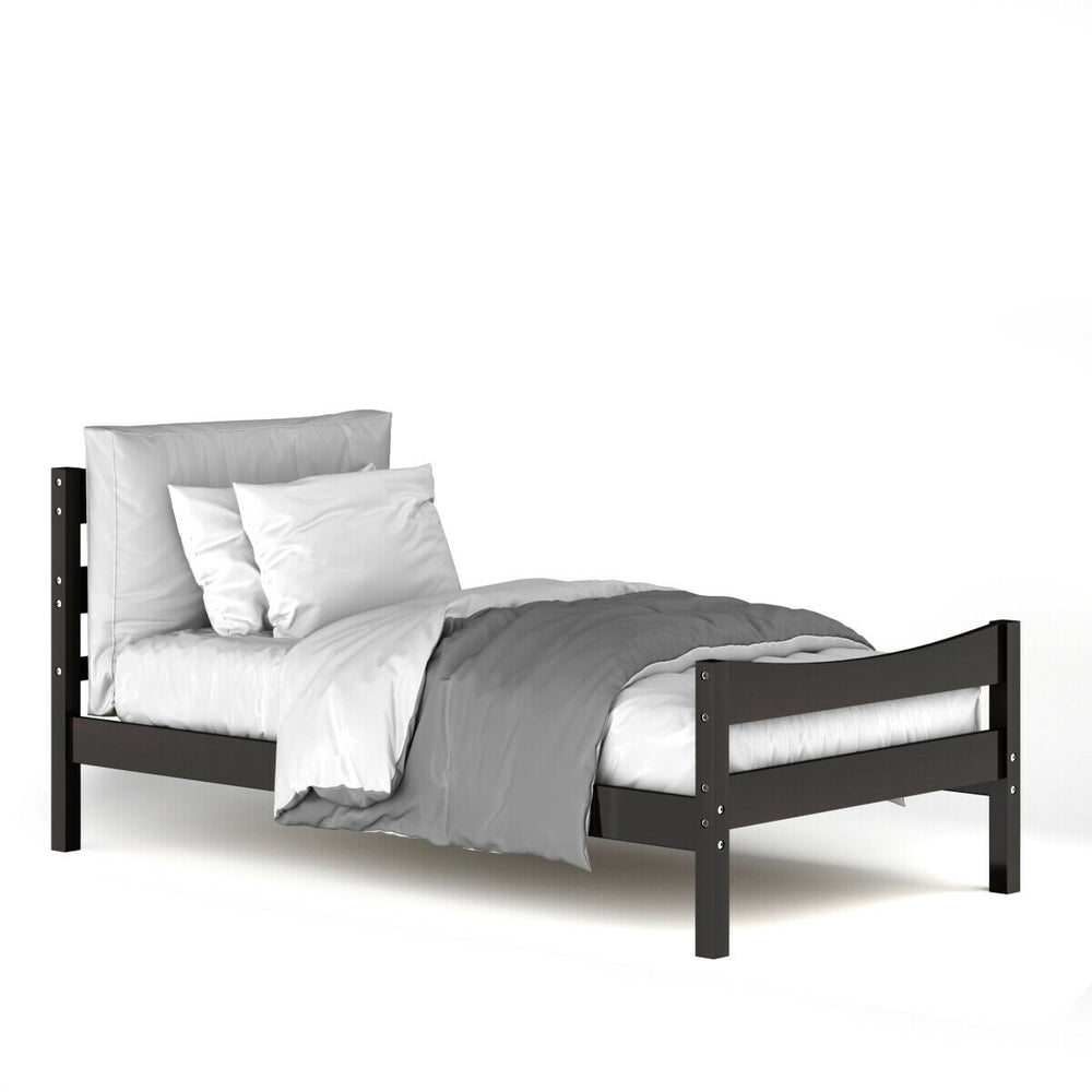 Twin size rustic platform bed frame in dark brown with headboard and footboard, made of sturdy pine wood for durability.