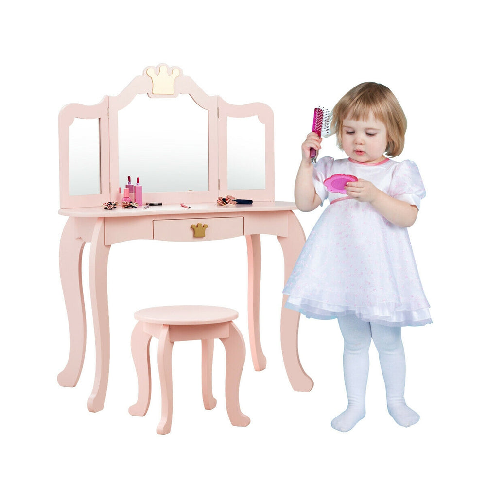 Kids makeup dressing table in pink with tri-folding mirror and stool, perfect for playrooms and bedrooms.