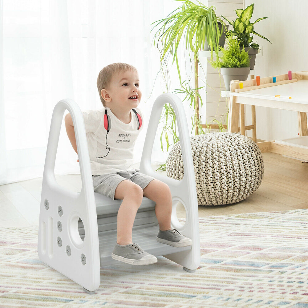 Kids step stool learning helper in gray, featuring safety handrails and non-slip steps for independent use in the.