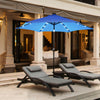 Blue 9-foot solar LED lighted patio umbrella with tilt adjustment, featuring a sturdy pole and vented canopy for.