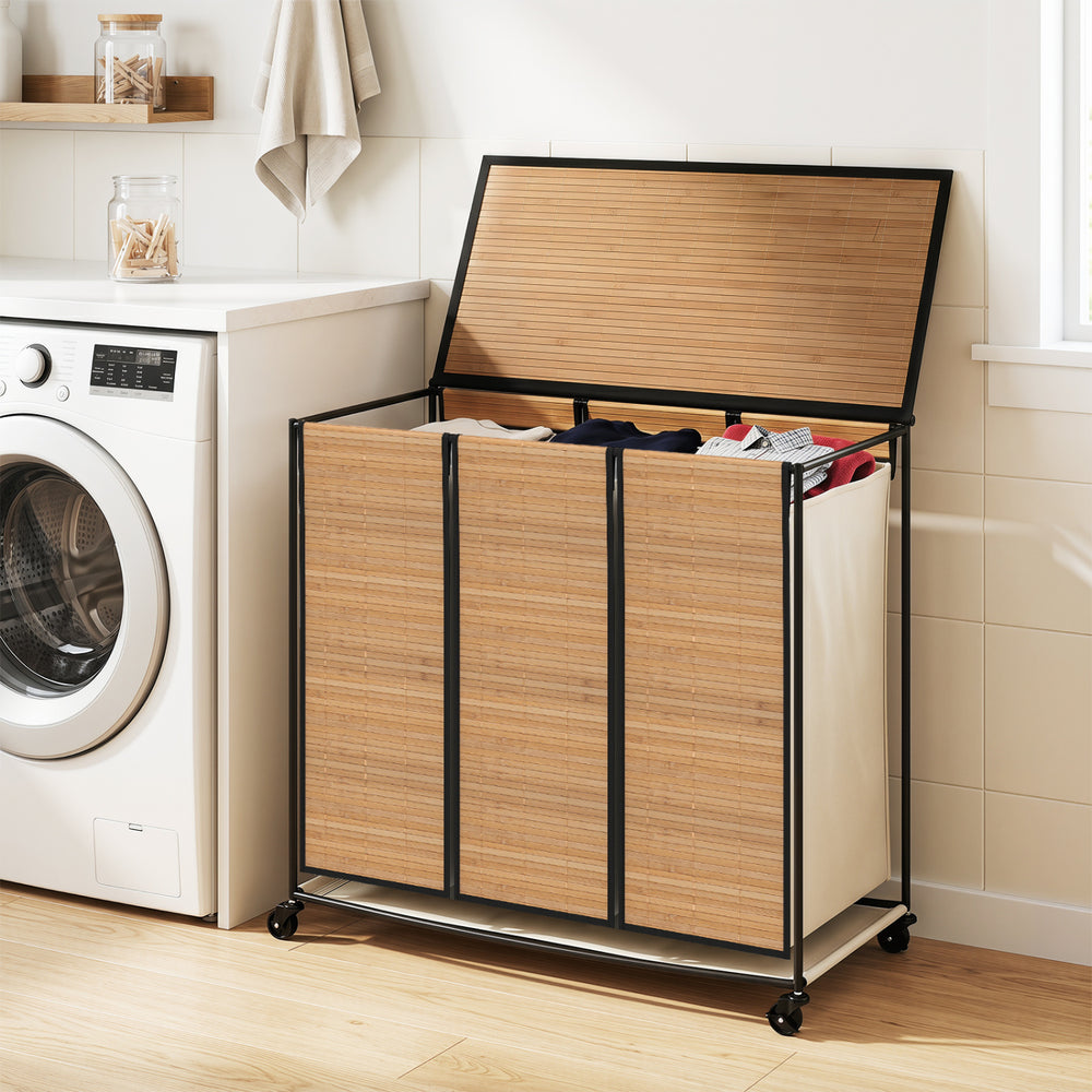 21.4 Gal Laundry Hamper with Lid 3-Section with 2 Lockable Wheels-Natural - Gallery View 1 of 10