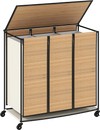 Three-section natural bamboo laundry hamper with lid and lockable wheels for easy mobility and sorting clothes.