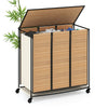 Three-section laundry hamper with bamboo slats and lid, featuring removable liners and lockable wheels for easy transport.