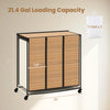 Three-section laundry hamper with lid, natural bamboo slats, 21.4-gallon capacity, ideal for sorting clothes in small spaces.