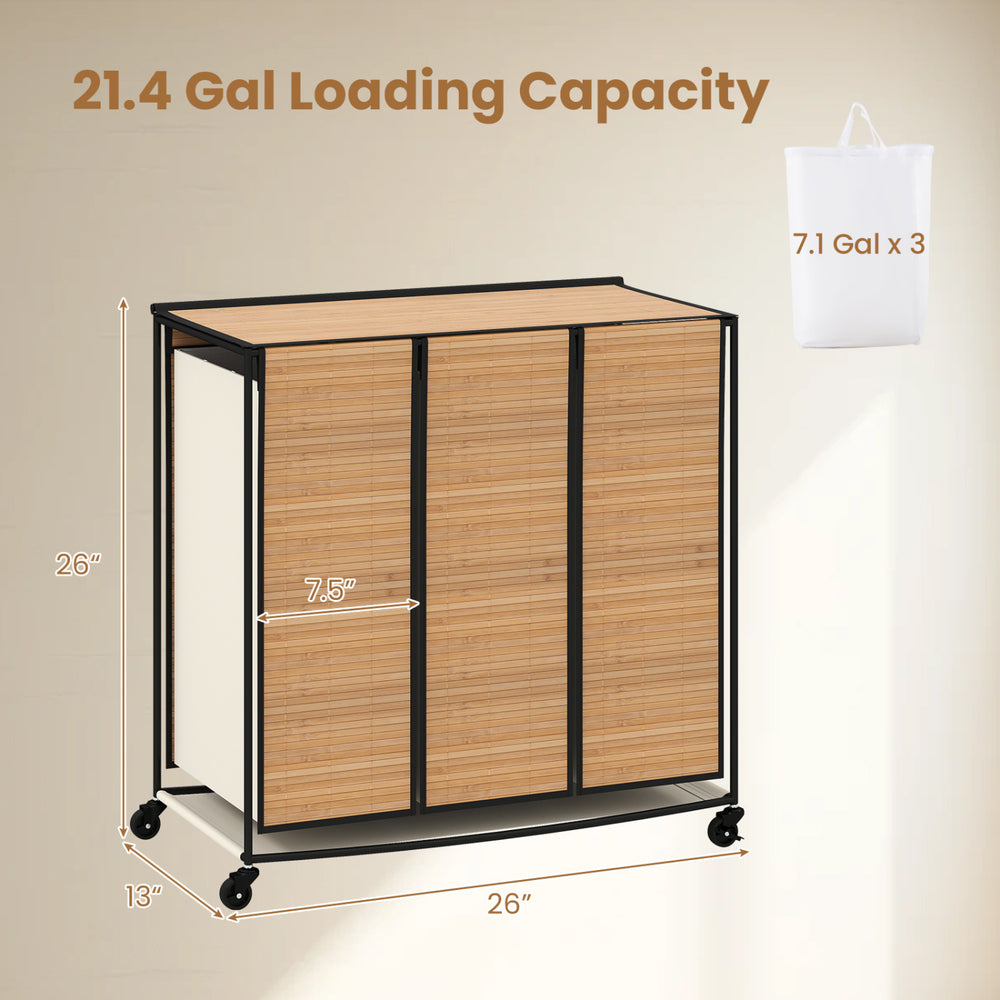 Three-section laundry hamper with lid, natural bamboo slats, 21.4-gallon capacity, ideal for sorting clothes in small spaces.