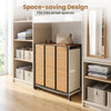 Three-section laundry hamper with lid, natural bamboo slats, and lockable wheels for easy mobility in small spaces.