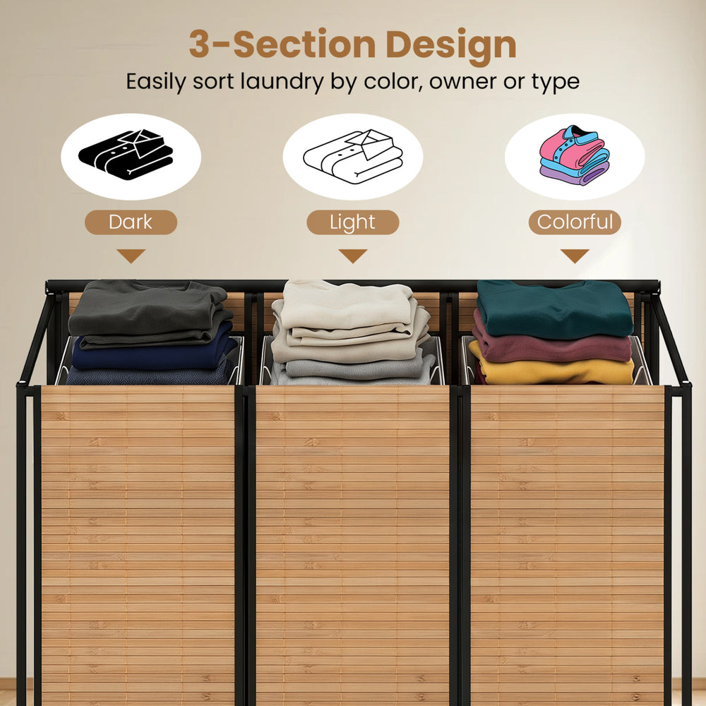 Three-section laundry hamper with bamboo slats for sorting dark, light, and colorful clothes, featuring a lid and wheels.