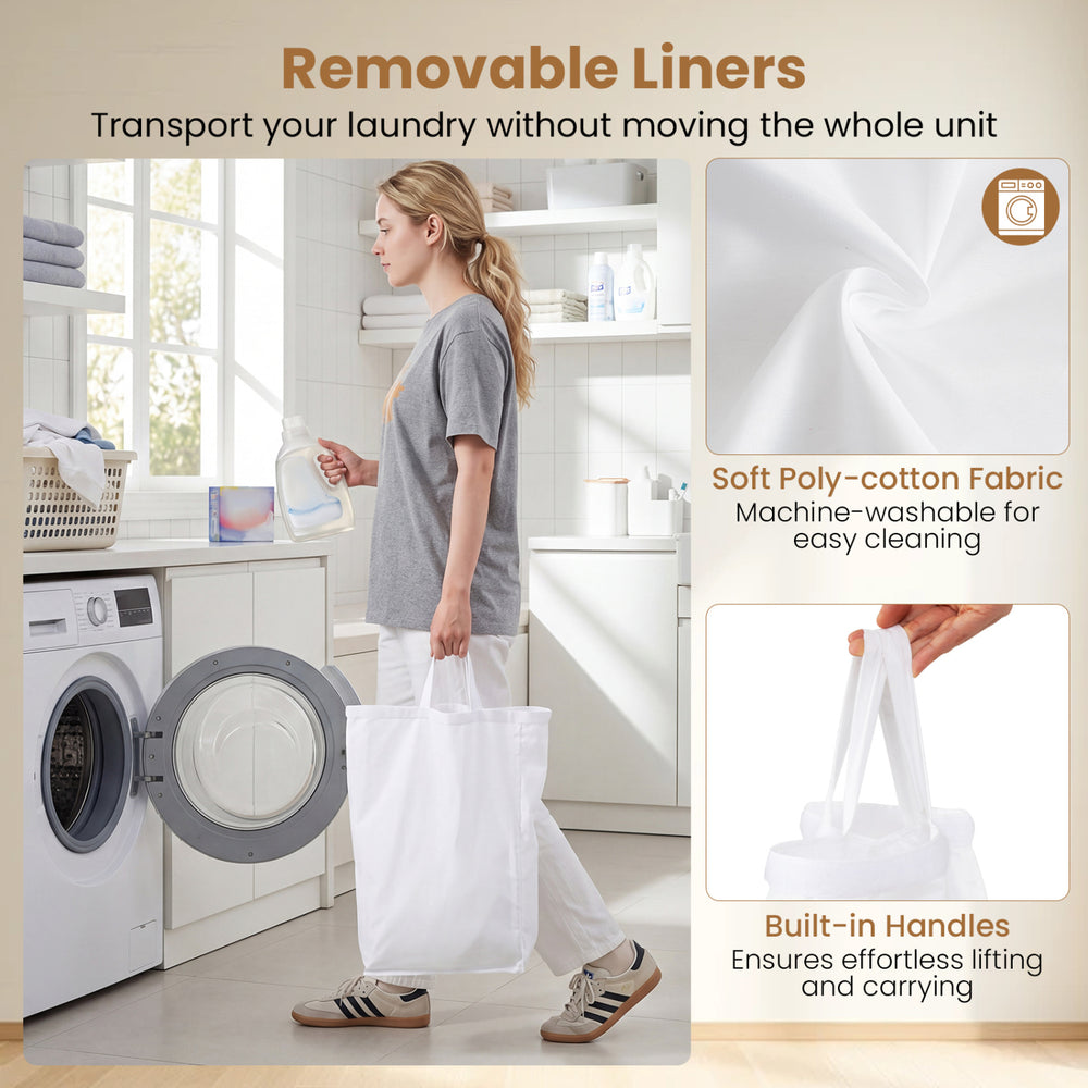 Laundry hamper with lid featuring removable liners, built-in handles, and 3-section design for sorting clothes.