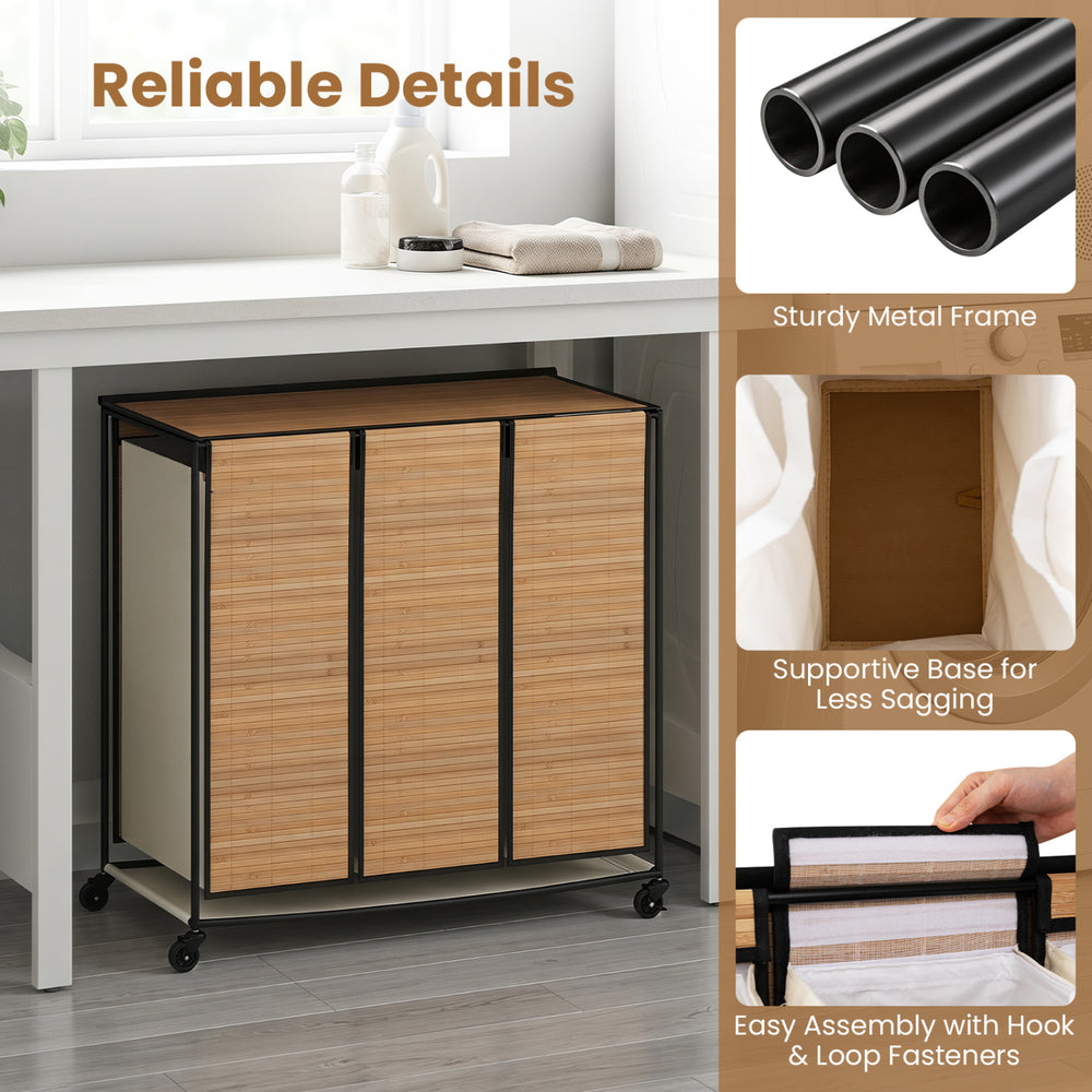 Three-section laundry hamper with lid, natural bamboo slats, and lockable wheels for easy mobility and sorting.