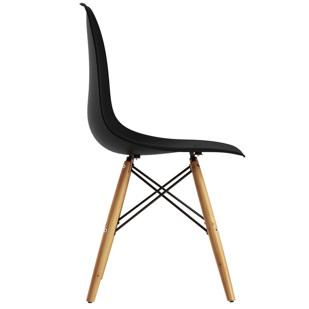 Black Mid-Century Modern DSW dining side chair with ergonomic back and wooden legs, ideal for stylish dining rooms.
