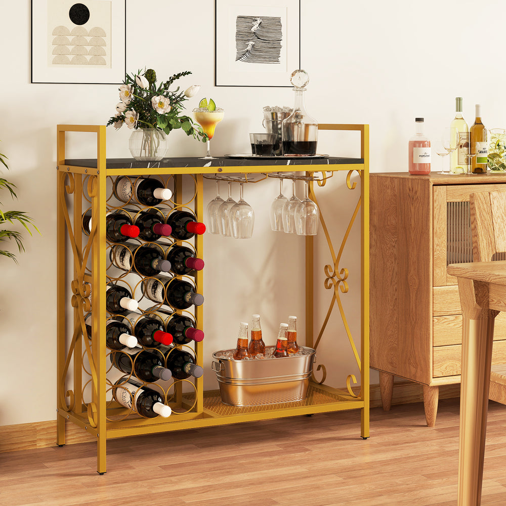21 Bottle Wine Rack Freestanding Floor Wine Bottle Organizer with Glass Holder-Golden - Gallery View 1 of 9