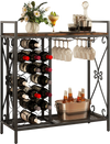 Freestanding wine rack in rustic brown with 21 bottle holders and glass storage, ideal for dining room or kitchen use.