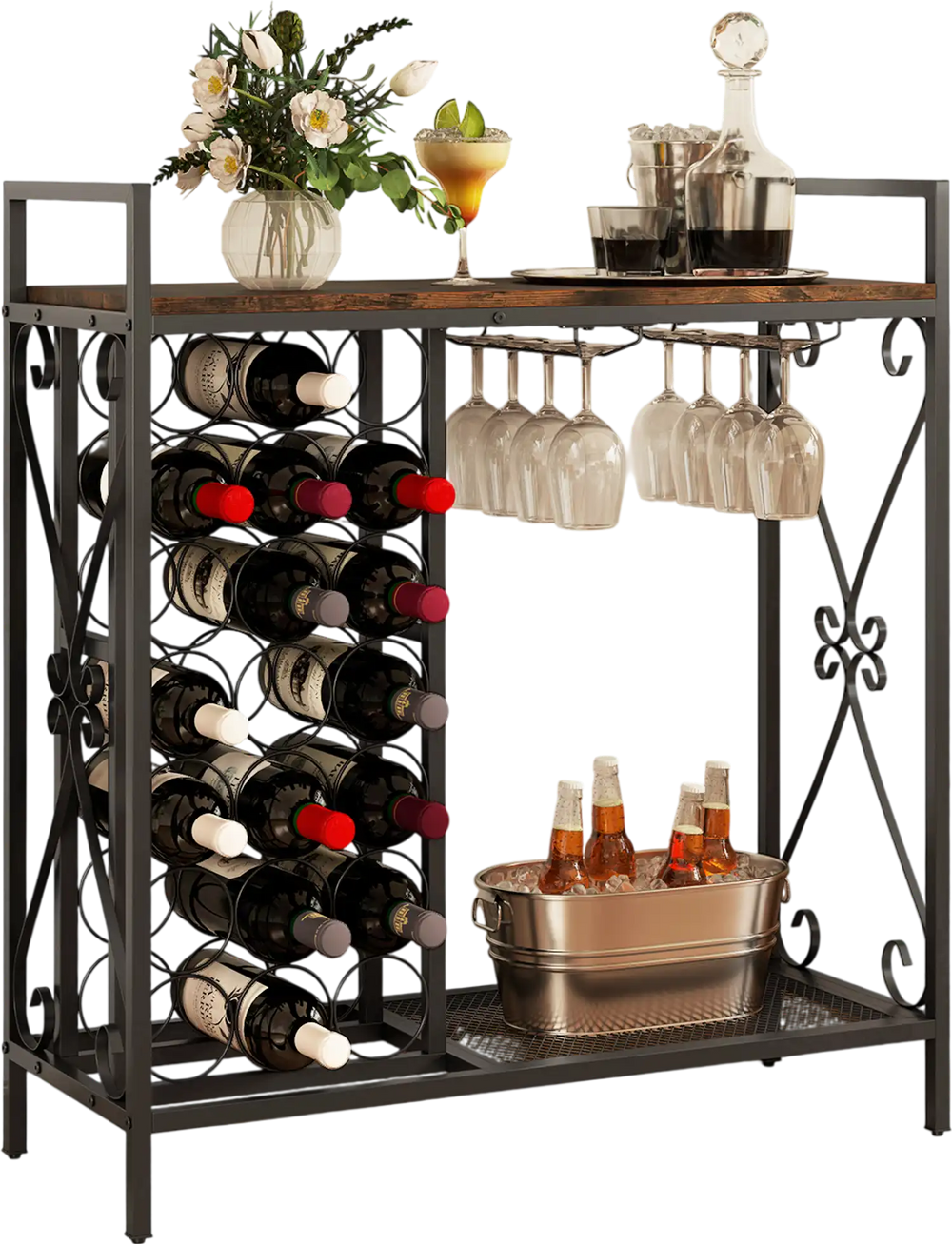 Freestanding wine rack in rustic brown with 21 bottle holders and glass storage, ideal for dining room or kitchen use.