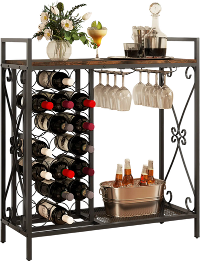 Costway 21 Bottle Freestanding Floor Wine Rack Organizer w/ Glass Holder Rustic Brown 172538694 New