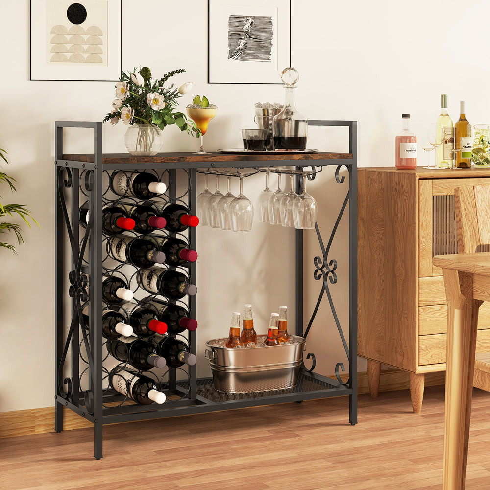 21 Bottle Wine Rack Freestanding Floor Wine Bottle Organizer with Glass Holder-Rustic Brown - Gallery View 1 of 10