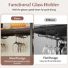 Freestanding wine rack with 21 bottle holders and slant glass holders for 6 glasses, ideal for dining room or kitchen.