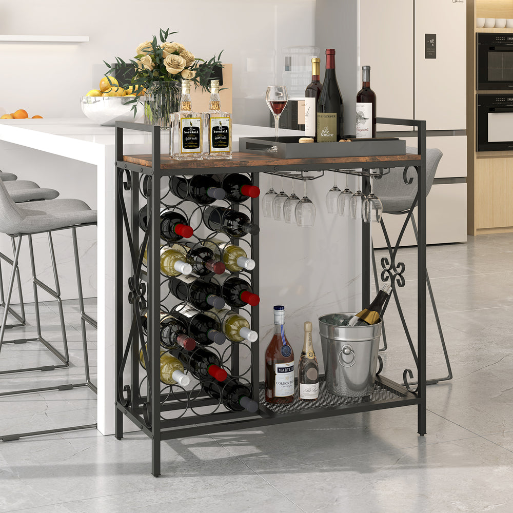 Freestanding wine rack with rustic brown finish, holding 21 bottles and 6 glasses, ideal for kitchen or dining room.