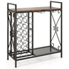 Freestanding 21 bottle wine rack with rustic brown wood top, metal frame, and glass holder for dining room or kitchen.