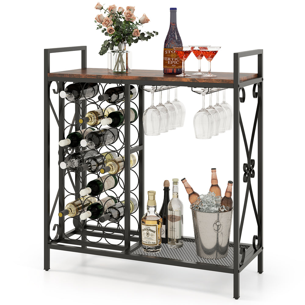 Freestanding wine rack with rustic brown finish, holding 21 bottles and 6 glasses, ideal for dining room or kitchen.