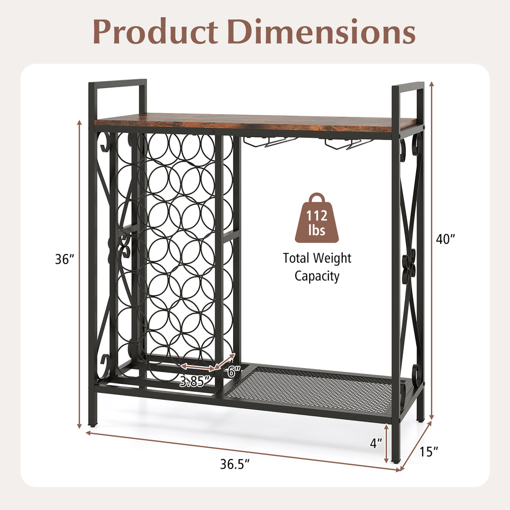 Freestanding wine rack with 21 bottle holders and glass holder, rustic brown finish, ideal for dining room or kitchen.