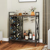 Freestanding wine rack in rustic brown with 21 bottle holders, glass holder, and sturdy metal frame for dining room use.