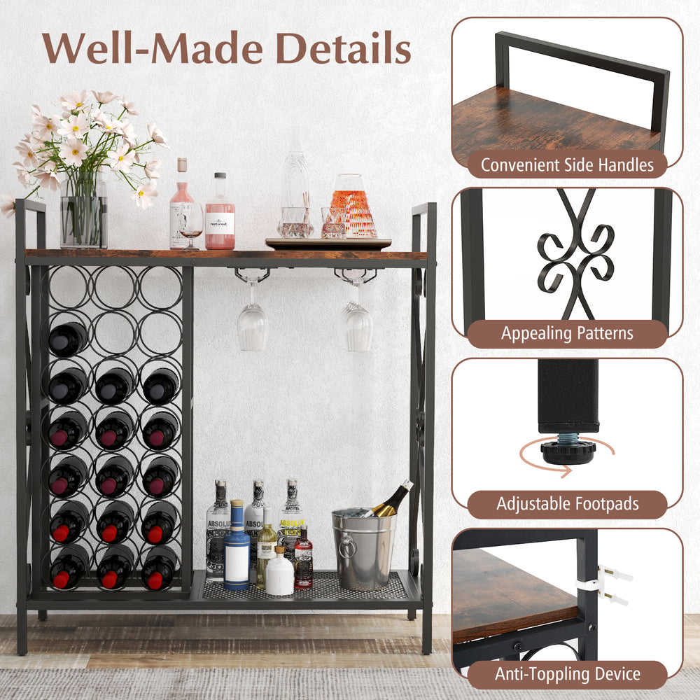 Freestanding wine rack with 21 bottle capacity, rustic brown finish, glass holder, and adjustable footpads for.